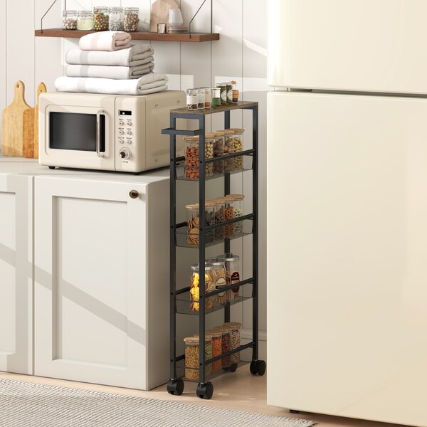 HOMCOM Carrello Cucina con 4 Ruote, Carrello Portaoggetti con Ruote, Piano con Effetto Legno, Struttura in Metallo, 47x13x96.5 cm, Nero | Aosom Italy