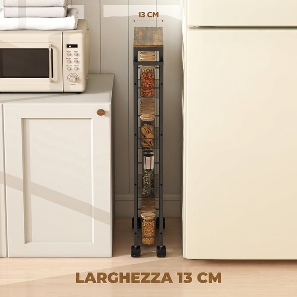 HOMCOM Carrello Cucina con 4 Ruote, Carrello Portaoggetti con Ruote, Piano con Effetto Legno, Struttura in Metallo, 47x13x96.5 cm, Nero | Aosom Italy