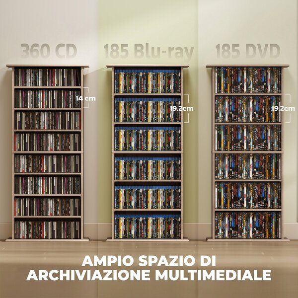 HOMCOM Scaffale Porta CD con 6 Ripiani Regolabili, Capacità di 360 CD/185 DVD, 58x24x124.5 cm, Color Legno | Aosom Italy