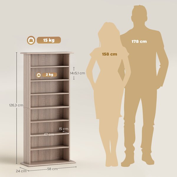HOMCOM Scaffale Porta CD con 6 Ripiani Regolabili, Capacità di 360 CD/185 DVD, 58x24x124.5 cm, Color Legno | Aosom Italy
