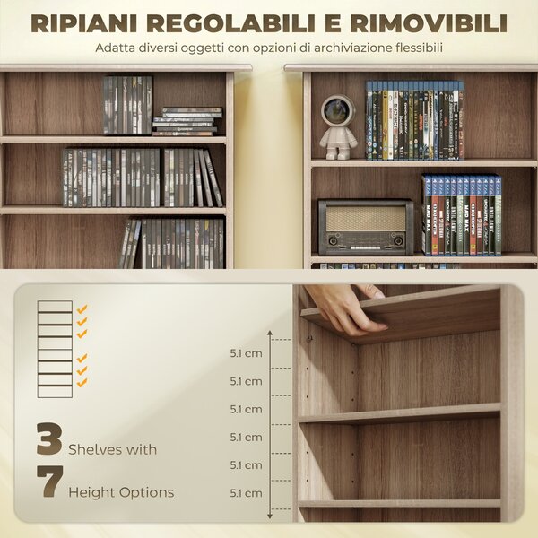 HOMCOM Scaffale Porta CD con 6 Ripiani Regolabili, Capacità di 360 CD/185 DVD, 58x24x124.5 cm, Color Legno | Aosom Italy