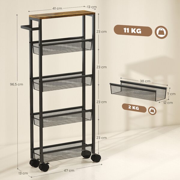 HOMCOM Carrello Cucina con 4 Ruote, Carrello Portaoggetti con Ruote, Piano con Effetto Legno, Struttura in Metallo, 47x13x96.5 cm, Nero | Aosom Italy