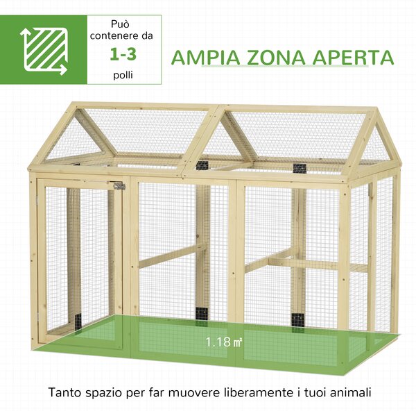 PawHut Recinto per Galline all'Aperto in Legno con Porte Multiple e Rete in Metallo, 140x88.5x106 cm, color Legno | Aosom Italy