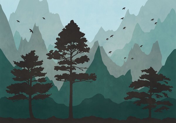Carta da parati Dipinto raffigurante una foresta con montagne e uccelli, Carta da parati Natura, Carta da parati popolare, t00975v2 - Tapeko.it
