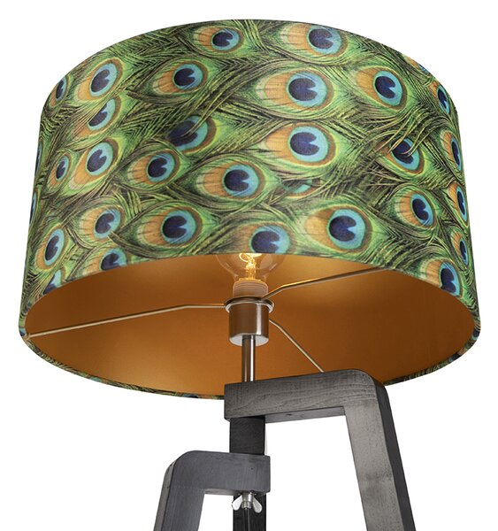 Lampada da terra treppiede nera con paralume a motivo pavone 50 cm - Puros