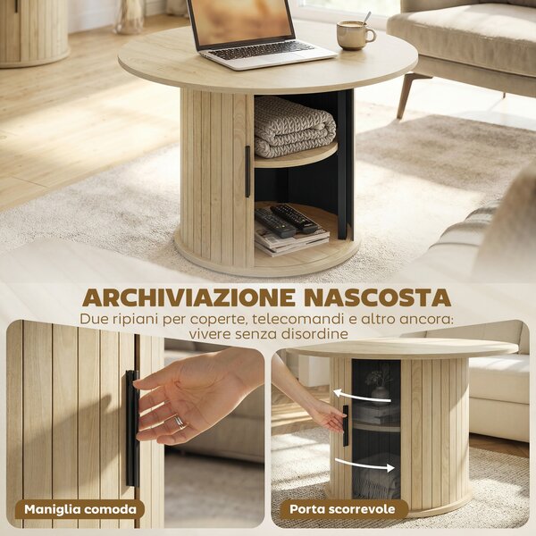 HOMCOM Tavolino da Caffè Rotondo Ø80 cm con Vano Portaoggetti, Tavolino Salotto Moderno con Base a Colonna Dogata, Legno Naturale | Aosom Italy