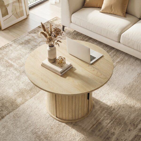 HOMCOM Tavolino da Caffè Rotondo Ø80 cm con Vano Portaoggetti, Tavolino Salotto Moderno con Base a Colonna Dogata, Legno Naturale | Aosom Italy