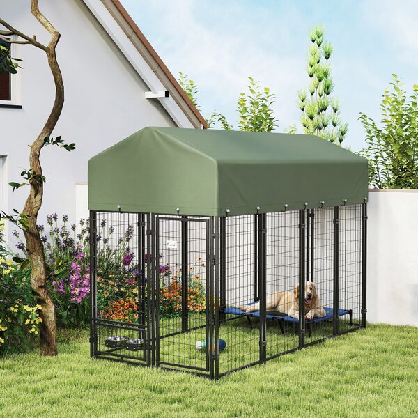 PawHut Recinto per Cani da Esterno in Acciaio con Tetto in Tessuto Oxford, Anti-UV, Impermeabile, 2 Ciotole, Verde | Aosom Italy