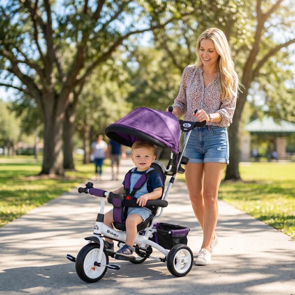 HOMCOM Triciclo 6-in-1 con barra spingibile, cappottina, cintura, cestino portaoggetti, per 1-5 anni, Blu | Aosom Italy