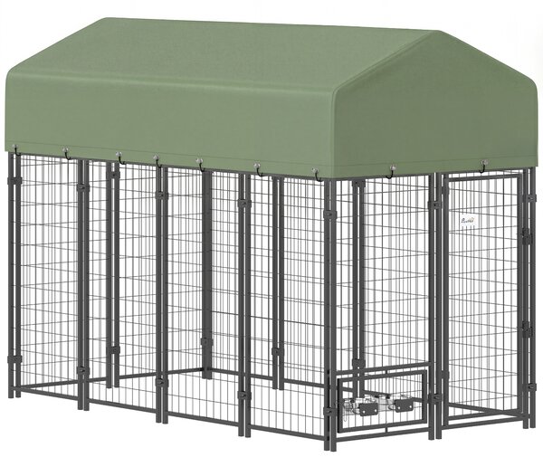 PawHut Recinto per Cani da Esterno in Acciaio con Tetto in Tessuto Oxford, Anti-UV, Impermeabile, 2 Ciotole, Verde | Aosom Italy