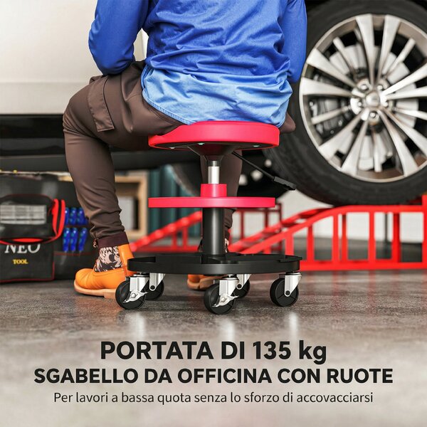 HOMCOM Sgabello da Officina con Ruote da 6 cm, Capacità fino a 135 kg, Altezza Regolabile 40-51 cm, con Vassoi Porta Utensili, Rosso | Aosom Italy