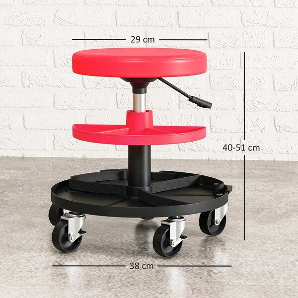 HOMCOM Sgabello da Officina con Ruote da 6 cm, Capacità fino a 135 kg, Altezza Regolabile 40-51 cm, con Vassoi Porta Utensili, Rosso | Aosom Italy