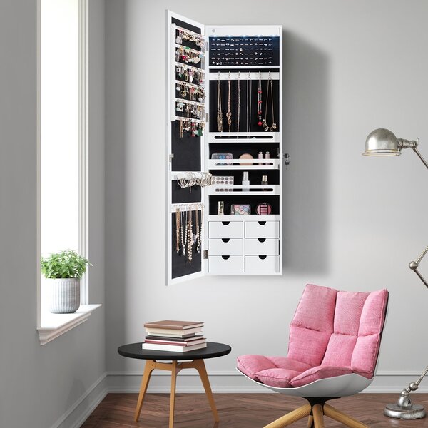 Costway Armadio Portagioie con specchio e 6 cassetti in legno Armadietto Portagioielli da porta con 5 luci LED 36,5x11,5x120cm Bianco