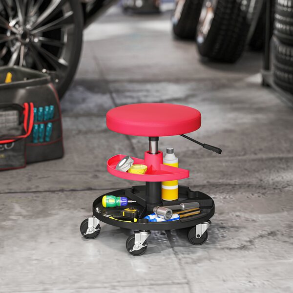 HOMCOM Sgabello da Officina con Ruote da 6 cm, Capacità fino a 135 kg, Altezza Regolabile 40-51 cm, con Vassoi Porta Utensili, Rosso | Aosom Italy