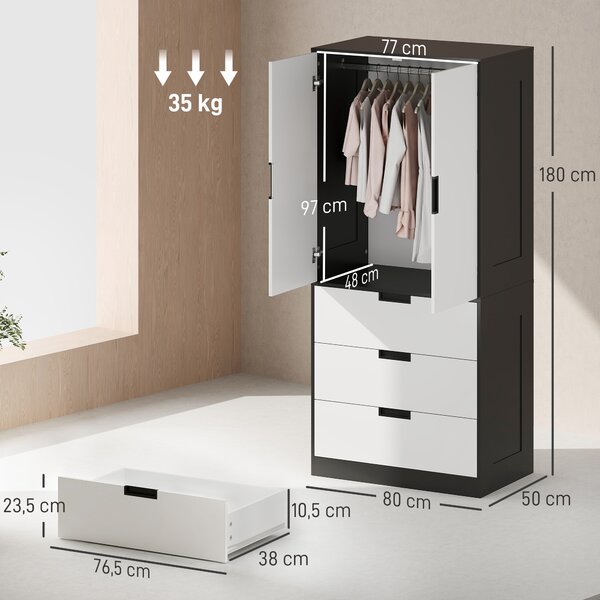 HOMCOM Armadio 2 Ante con 3 Cassetti, Moderno Armadio con Barra Appendiabiti, per Camera da Letto, Nero Bianco | Aosom Italy
