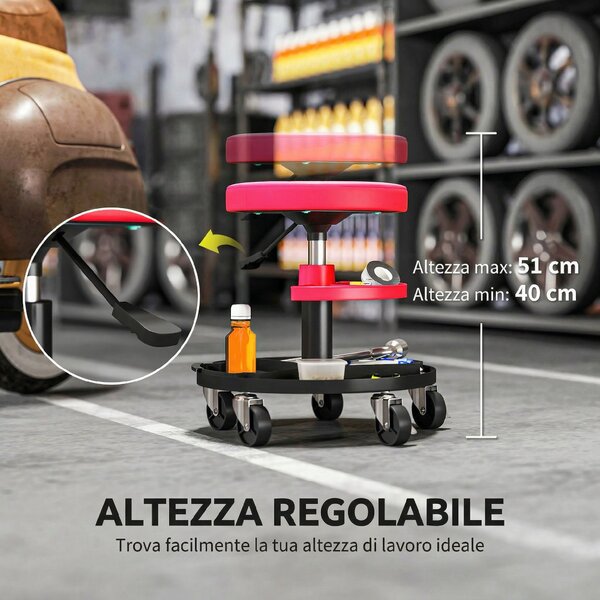 HOMCOM Sgabello da Officina con Ruote da 6 cm, Capacità fino a 135 kg, Altezza Regolabile 40-51 cm, con Vassoi Porta Utensili, Rosso | Aosom Italy