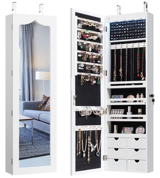Costway Armadio Portagioie con specchio e 6 cassetti in legno Armadietto Portagioielli da porta con 5 luci LED 36,5x11,5x120cm Bianco