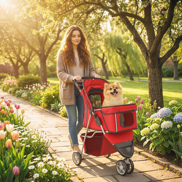 Passeggino per Cani Piccoli Pieghevole 77x44x102 cm con Portabicchieri e Cestino Portaoggetti in Tessuto Oxford Rosso