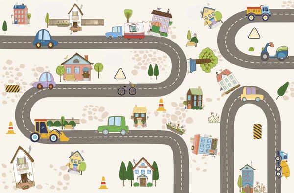 Carta da parati Mappa di una città, Carta da parati per Bambini, Carta da parati popolare, w04404 - Tapeko.it