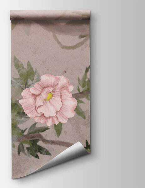 Carta da parati Dipinto raffigurante un albero con fiori e una lanterna, Carta da parati acquerello sul muro, Carta da parati popolare, w04416 - Tapeko.it