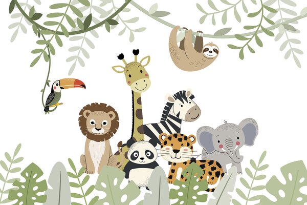 Carta da parati Gruppo di animali nella giungla, Carta da parati per Bambini, Carta da parati popolare, w04905 - Tapeko.it