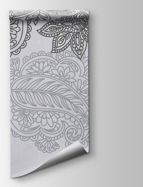 Carta da parati Sfondo grigio e bianco con motivo paisley, Carta da parati le piume, Carta da parati popolare, t00951 - Tapeko.it