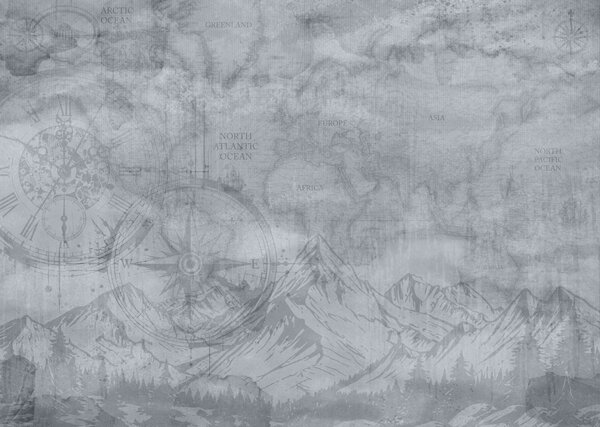Carta da parati Mappa e montagne con una bussola, Carta da parati mappe del mondo, Carta da parati popolare, t00953v1 - Tapeko.it
