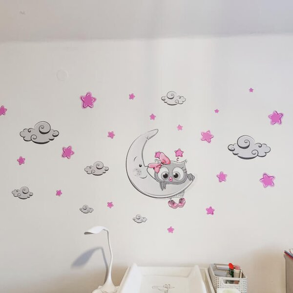 Adesivo per la camera dei bambini - Gufetto grigio-rosa