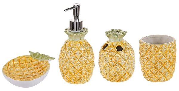 Set di 4 Accessori Bagno in Ceramica giallo e verde a forma di ananas dispenser sapone porta sapone Portaspazzolino recipiente Beliani