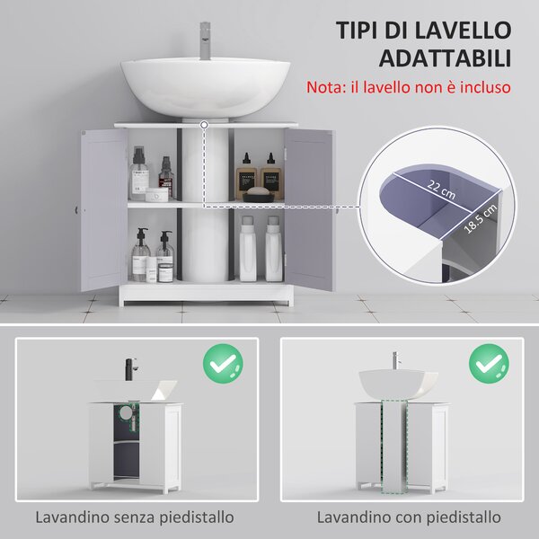 Kleankin Mobile Sotto Lavabo Bagno con Taglio a U, Armadietto 2 Ante con Mensola Regolabile in MDF, 60x30x60cm Bianco Grigio|Aosom