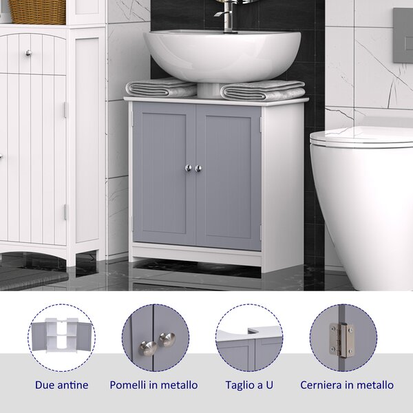 Kleankin Mobile Sotto Lavabo Bagno con Taglio a U, Armadietto 2 Ante con Mensola Regolabile in MDF, 60x30x60cm Bianco Grigio|Aosom