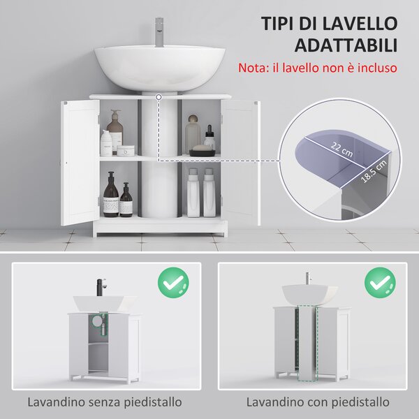 Kleankin Mobiletto Bagno Sottolavabo a 2 Ante con Ripiano Regolabile e Intaglio a U, Mobile in MDF, 60x30x60 cm, Bianco|Aosom Italy