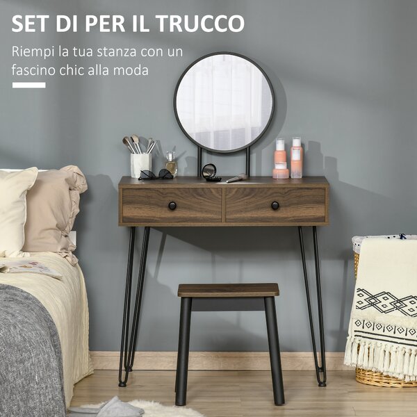 HOMCOM Tavolo per Trucco in Stile Industriale, Set Tavolo Toeletta con Sgabello e Specchio per Trucco, Postazione Makeup in Legno e Metallo per Camera | Aosom Italy