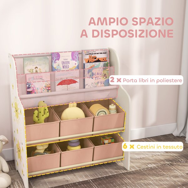 AIYAPLAY Scaffale Portagiochi con 6 Cassetti in Tessuto e Libreria a 2 Livelli, in Legno e Acciaio, 63x30x71 cm, Rosa | Aosom Italy
