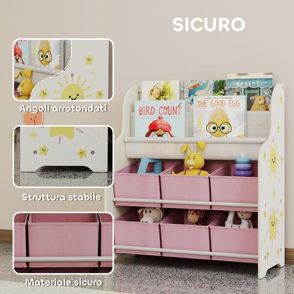 AIYAPLAY Scaffale Portagiochi con 6 Cassetti in Tessuto e Libreria a 2 Livelli, in Legno e Acciaio, 63x30x71 cm, Rosa | Aosom Italy