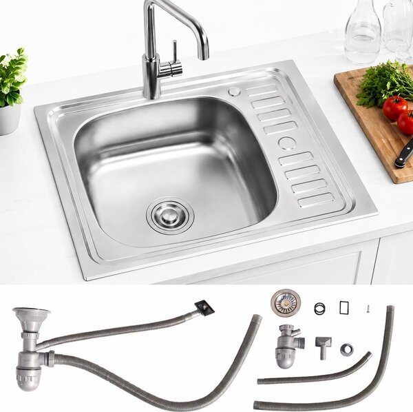 Lavello da incasso in acciaio inox 58CM, angolare + ripiano Lavello Lavello da cucina Lavello da incasso