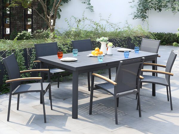 Sala da pranzo da giardino NAURU in alluminio: un tavolo allungabile L.180/240 cm e 6 poltrone impilabili - Antracite