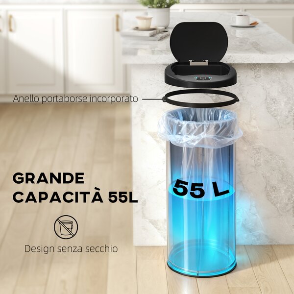 HOMCOM Bidone per Rifiuti da 55L con Sensore per Apertura Automatica e Chiusura Ammortizzata, 32x30x72.5 cm, Argento | Aosom Italy