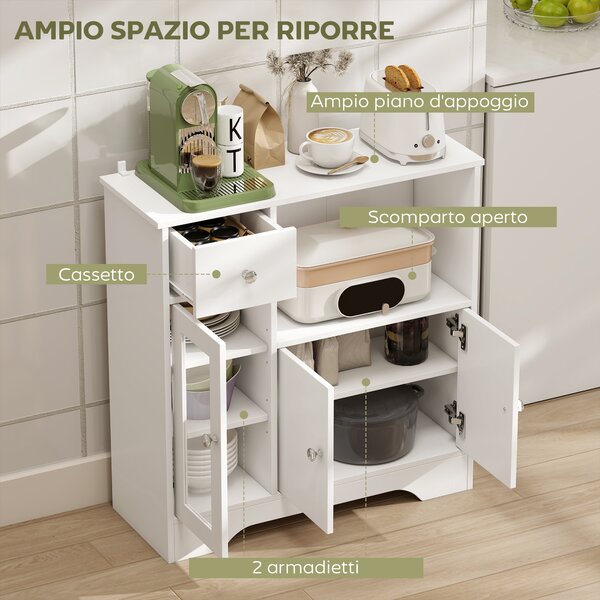 HOMCOM Credenza Buffet con Vano Aperto, Cassetto, 3 Ripiani e Armadietto a 2 Ante, in Legno, 80x30x82 cm, Bianco | Aosom Italy