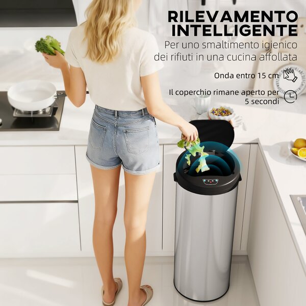 HOMCOM Bidone per Rifiuti da 55L con Sensore per Apertura Automatica e Chiusura Ammortizzata, 32x30x72.5 cm, Argento | Aosom Italy