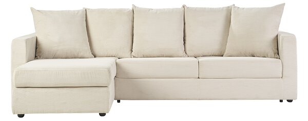 Divano angolare sinistro convertibile 4 posti in tessuto velluto a coste beige con materasso 13 cm BACIO