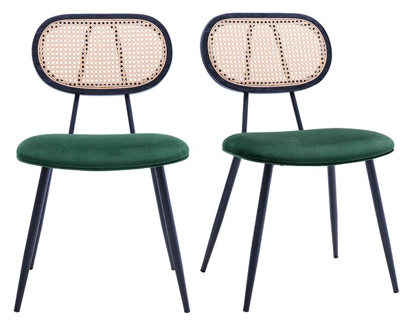 Sedie design in velluto verde scuro, metallo nero e intreccio di rattan (set di 2) SWANN