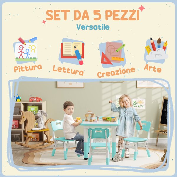 AIYAPLAY Set Tavolo e Sedie per Bambini 5pz con 4 Sedie Regolabili 32x36x52.5-56 cm e Tavolo 60x60x46-58 cm, Verde