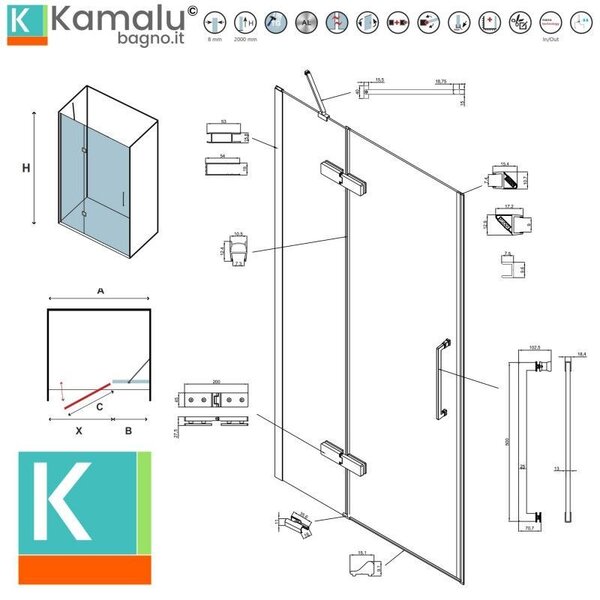 Kamalu porta doccia 80cm battente e fisso oro rosa spazzolato | kt4000rg