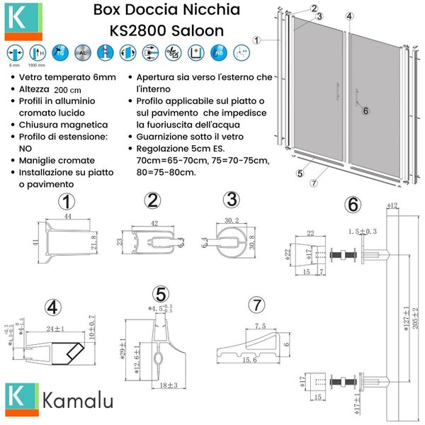 Kamalu doccia nicchia saloon 105-110cm finitura cromo | ks2800 saloon