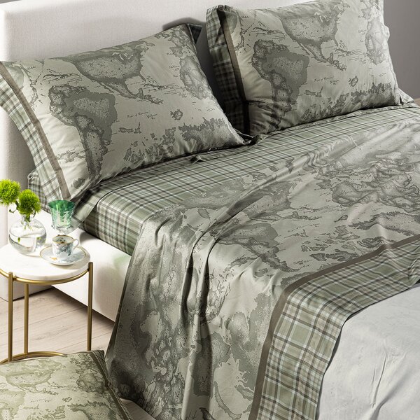 Completo Lenzuola MATRIMONIALE Geo Tartan Green UNICA Raso Di Cotone Caleffi