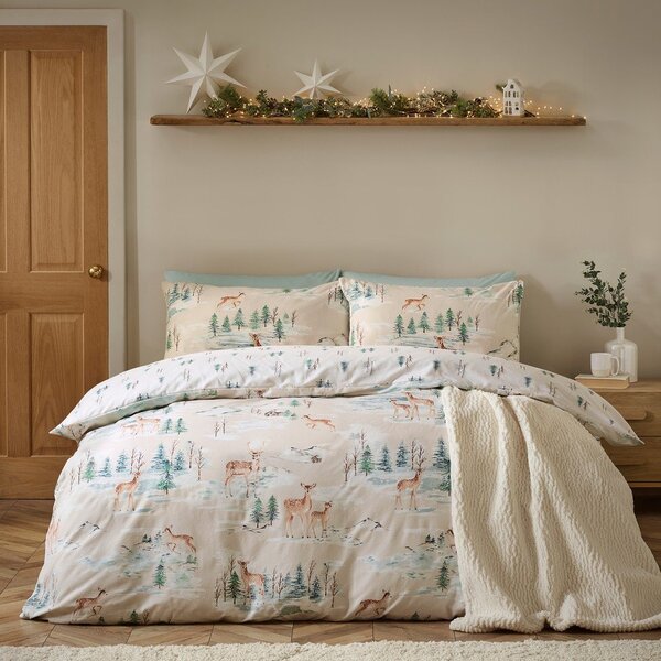 Set copripiumino e federa di colore naturale in flanella per letto singolo 135x200 cm Brushed Christmas Deer – Catherine Lansfield