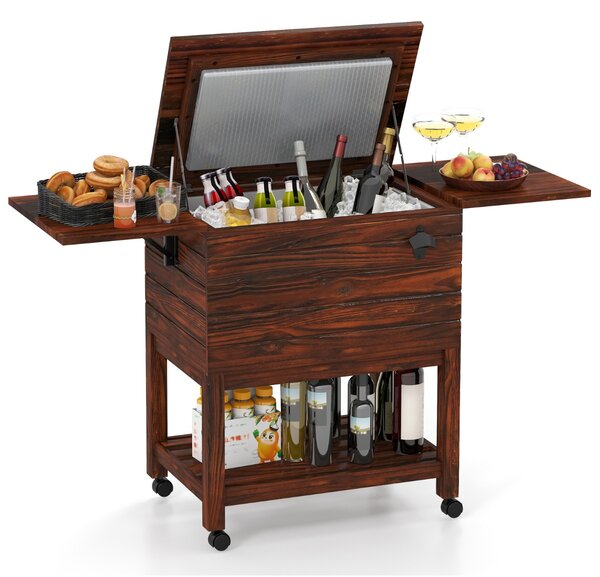 Costway Carrello frigo per bevande da 51 L con ripiani e apribottiglie da esterno per feste, Carrello portavivande da giardino in legno Marrone