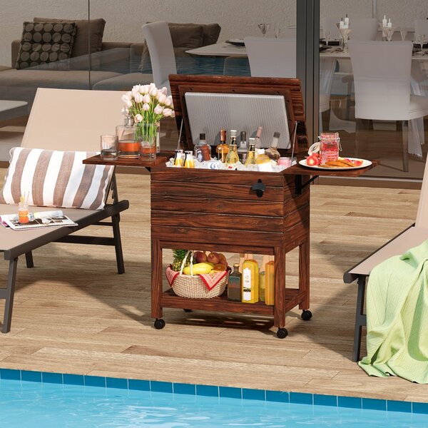 Costway Carrello frigo per bevande da 51 L con ripiani e apribottiglie da esterno per feste, Carrello portavivande da giardino in legno Marrone