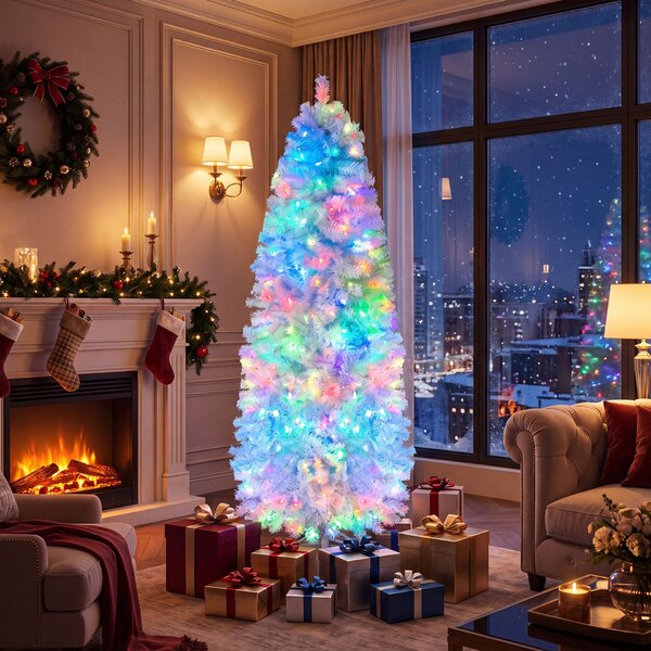 Costway Albero natalizio sottile base pieghevole in metallo controllabile da app e telecomando, Albero di natale illuminato 190cm